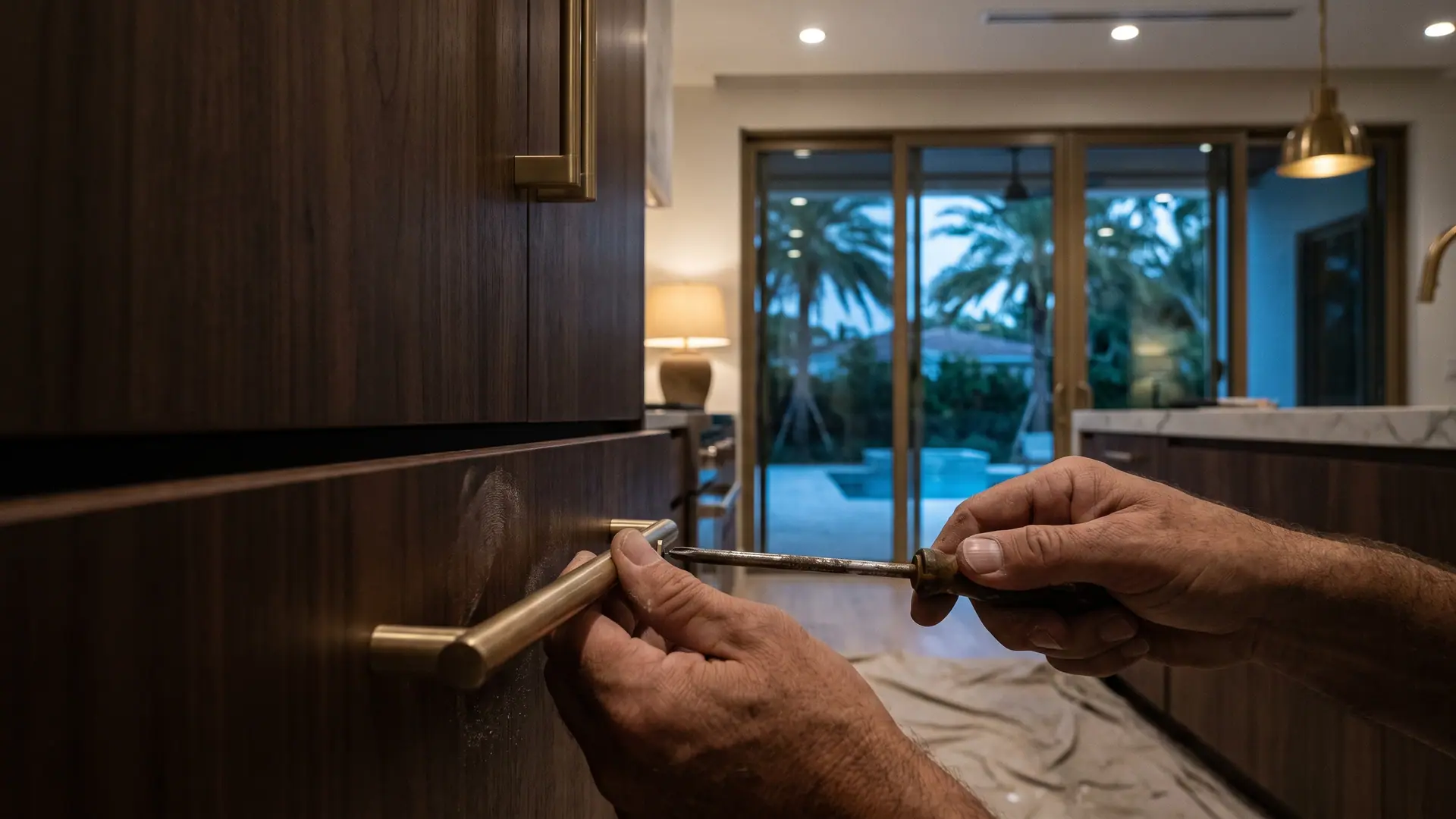 A craftsman's hands fitting a brass pull to a walnut cabinet in a Miami kitchen at dusk, with palms and a lit pool through the glass behind.