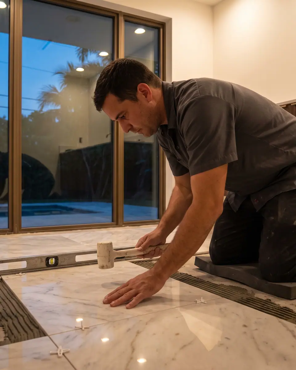 A tile setter laying a large marble floor tile with a level and a rubber mallet beside him.