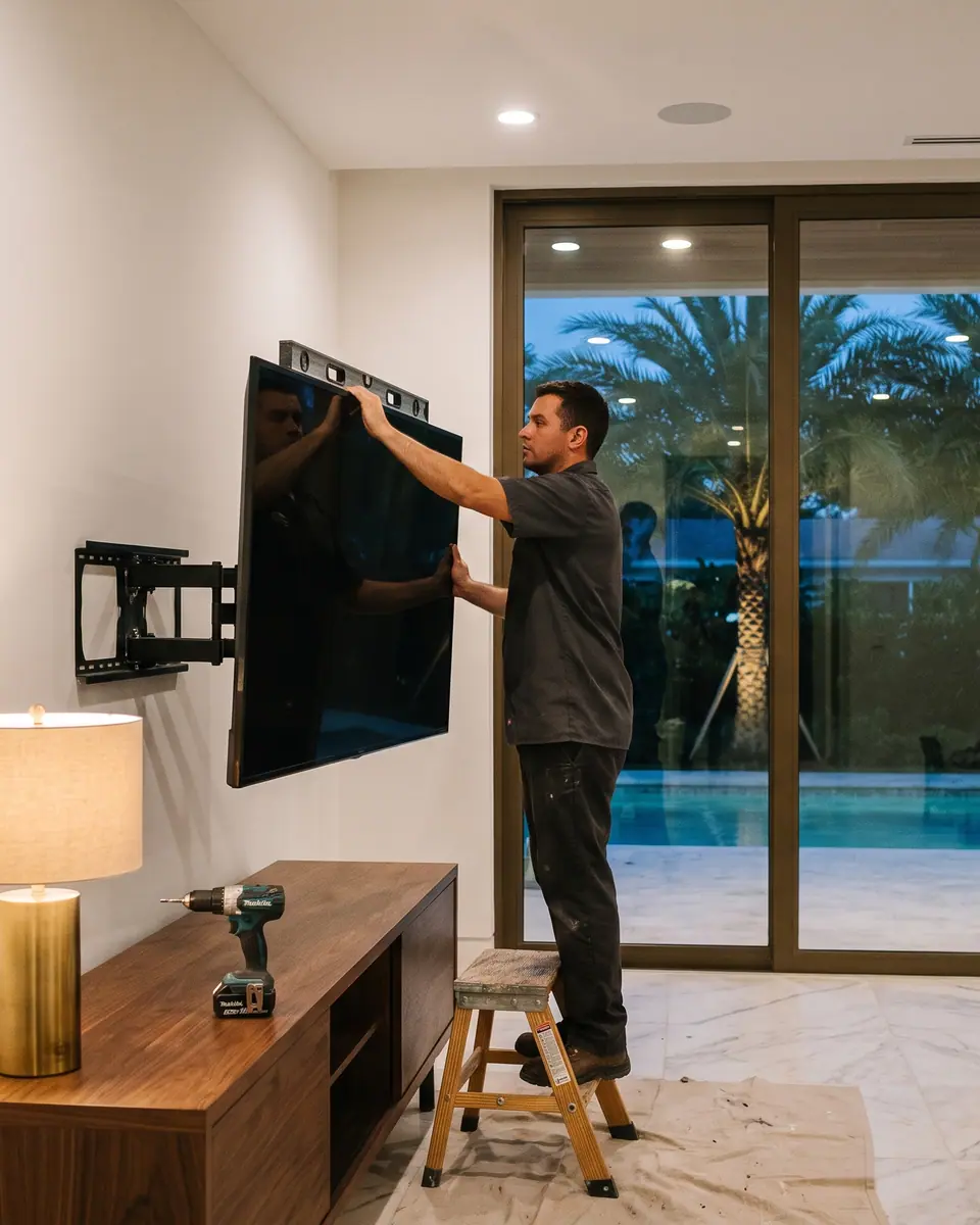 Checking a wall-mounted television with a level in a living room at dusk.